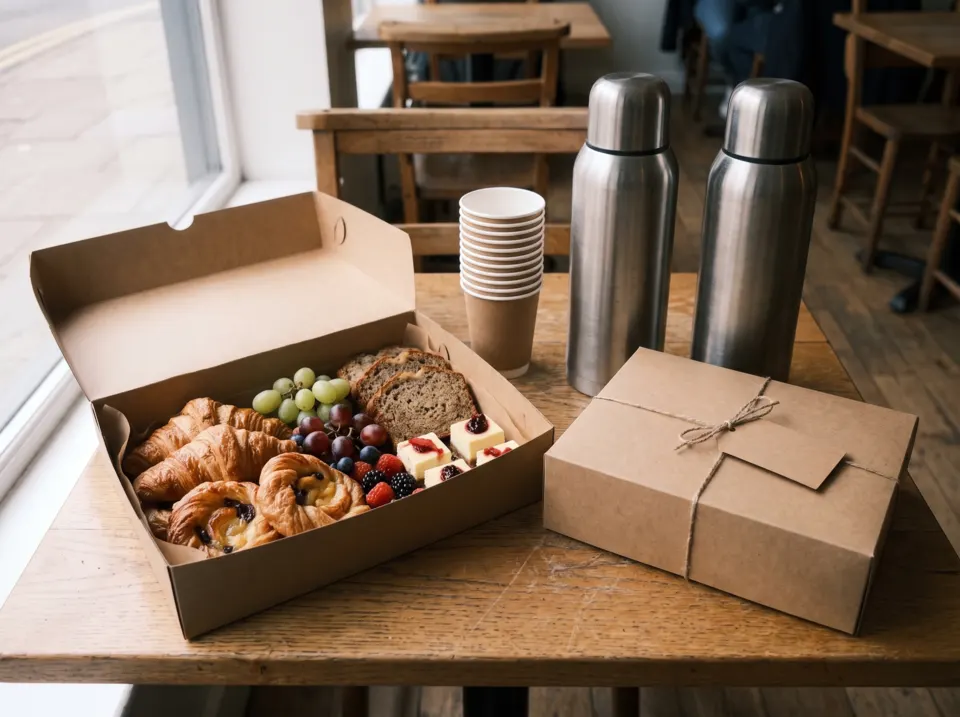 A catering box of pastries, banana bread and fruit with coffee flasks